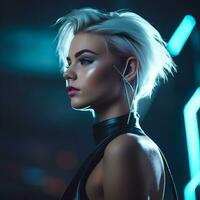 a woman with white hair and neon lights in the background generative ai photo