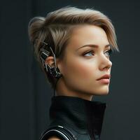 a young woman with headphones on her head generative ai photo