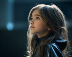 a young girl in a black jacket looking up generative ai photo