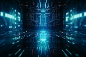 an abstract image of a futuristic hallway with glowing lights generative ai photo