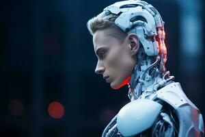 an image of a robot with glowing red eyes generative ai photo