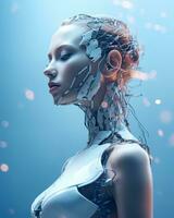 un imagen de un mujer en un robot traje generativo ai foto