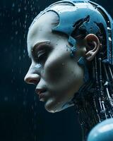 an image of a woman with a robot head in the rain generative ai photo