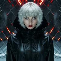 an image of a woman with white hair in a black jacket generative ai photo