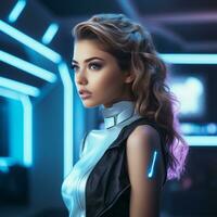 beautiful young woman in futuristic clothes with neon lights in the background generative ai photo