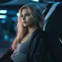 beautiful young woman sitting in a futuristic car generative ai photo