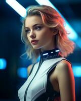 beautiful young woman in futuristic outfit with neon lights generative ai photo