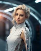 beautiful young woman in futuristic outfit generative ai photo