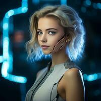 beautiful young woman with cybernetic face in futuristic setting generative ai photo