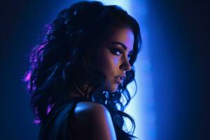 beautiful young woman with dark hair and blue lights in the background generative ai photo