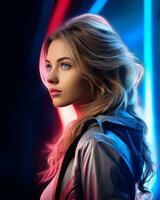 beautiful young woman with blue eyes and blonde hair in neon lights generative ai photo