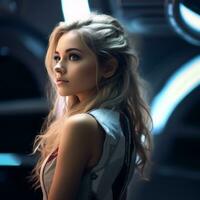 portrait of a beautiful woman in a futuristic spaceship generative ai photo