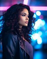beautiful young woman with long curly hair standing in front of neon lights generative ai photo