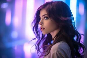 beautiful young woman with long dark hair in front of neon lights generative ai photo
