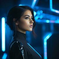 portrait of a beautiful woman in futuristic suit with neon lights in the background generative ai photo