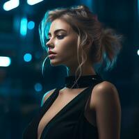 portrait of a beautiful young woman in a night club at night with neon lights in the background generative ai photo