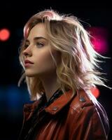 portrait of a beautiful young woman in a leather jacket generative ai photo