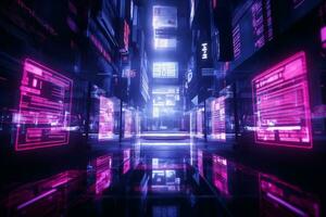 futuristic neon lights in a dark alleyway generative ai photo