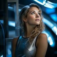 portrait of a beautiful young woman in futuristic space station generative ai photo