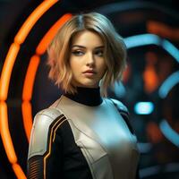 portrait of a beautiful young woman in futuristic space suit generative ai photo