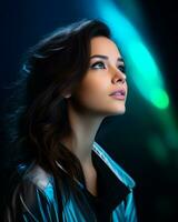portrait of a beautiful young woman with blue lights in the background generative ai photo