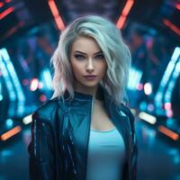 portrait of a young woman in a futuristic city with neon lights generative ai photo