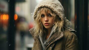 a beautiful blonde woman in a winter coat standing outside in the snow generative ai photo