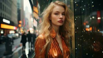 a beautiful blonde woman in an orange dress standing in the middle of a city street generative ai photo