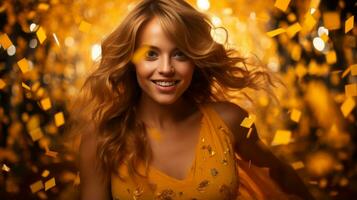 a beautiful woman in a yellow dress is smiling in front of golden confetti generative ai photo