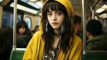 a girl in a yellow jacket sitting on a train generative ai photo