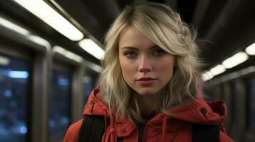 a blonde woman in a red jacket on a subway generative ai photo