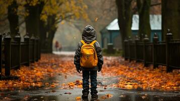 a child with a yellow backpack walking in the rain generative ai photo