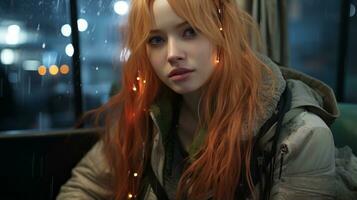 a girl with long red hair sitting on a bus generative ai photo