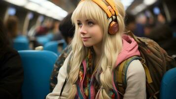 a girl wearing headphones on a train generative ai photo