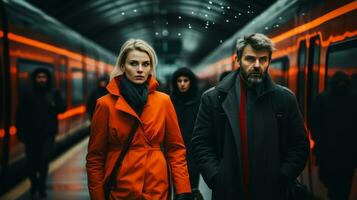 a man and woman walking through a subway station generative ai photo