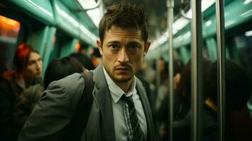 a man in a suit and tie on a subway train generative ai photo