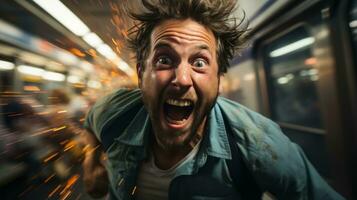 un hombre es corriendo mediante un subterraneo estación con su boca amplio abierto generativo ai foto