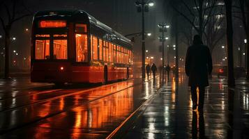 a man is walking down a wet street at night photo