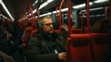 a man sitting on a train with headphones on generative ai photo