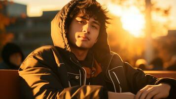 a man wearing a hooded jacket sitting on an orange bench generative ai photo