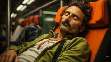 un hombre dormido en un naranja asiento en un tren generativo ai foto