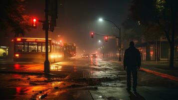 a man standing on a wet city street at night generative ai photo