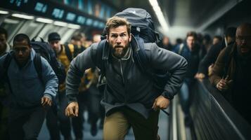 un hombre con un mochila corriendo mediante un aeropuerto generativo ai foto