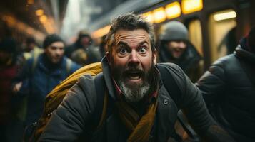 a man with a beard and a backpack on a subway platform generative ai photo