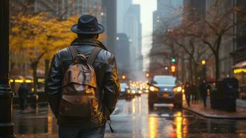 a man with a backpack walking down the street in the rain generative ai photo