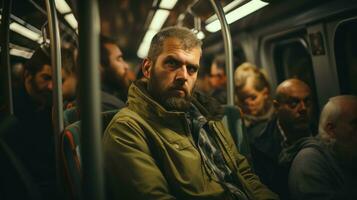 un hombre con un barba sentado en un subterraneo tren foto