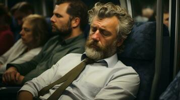 un hombre con un barba dormido en un tren generativo ai foto