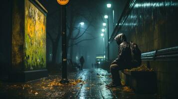 a person sitting on a bench in the rain at night generative ai photo
