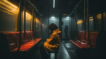 a person sitting on a train at night generative ai photo