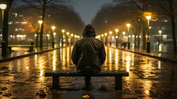 un persona sentado en un banco en el lluvia a noche generativo ai foto